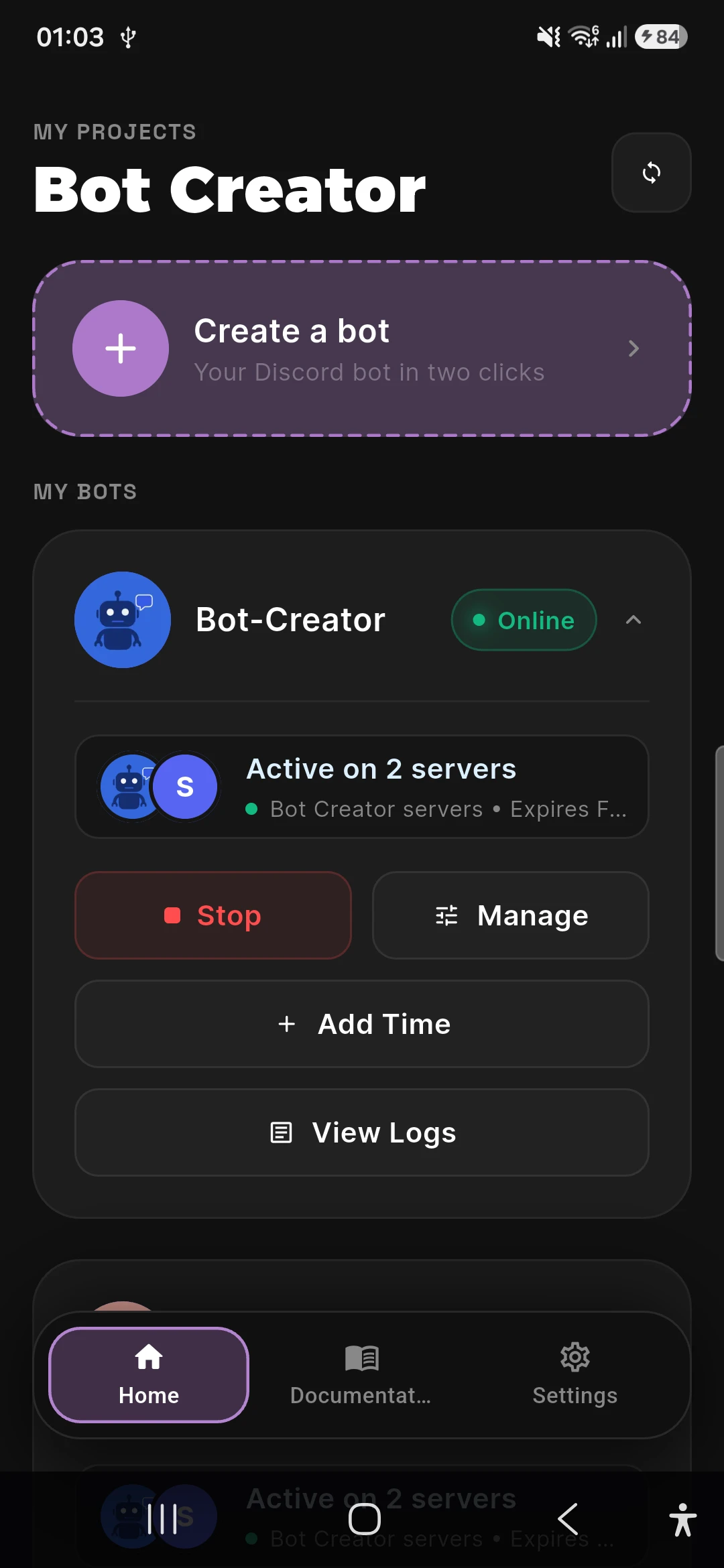 Espace de travail Bot Creator sur Android avec un bot Discord en ligne