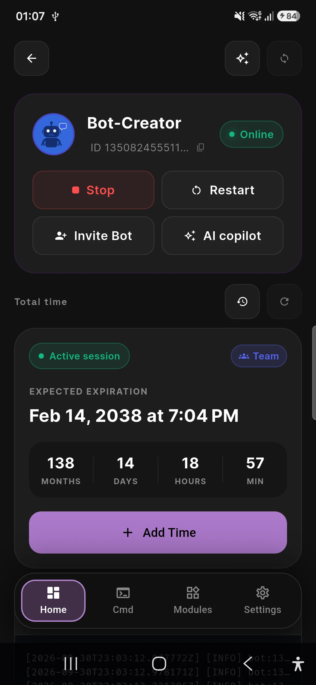 Commandes d'hébergement de Bot Creator sur Android pour un bot Discord en ligne